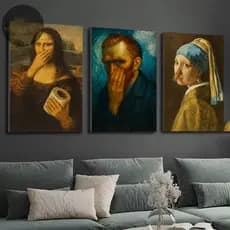 Kit 3 Quadros Mona Lisa Van Gogh Banheiro Paródia Pinturas Famosas Arte Clássica Banheiro