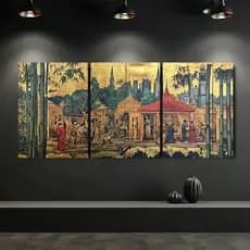 Kit 3 Quadros Cena Chinesa Clássica. Quadro Mosaico Oriental Bambu. Oriental Luxo Ouro