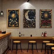 Kit 3 Quadros Sol Lua Tarot Astrologia MDF Autocolante Decoração Mística Conjunto 3 Quadros Signos