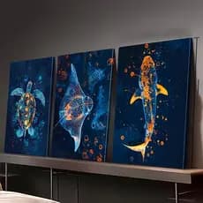 Kit 3 Quadros Decorativos Fundo do Mar Tartaruga e Arraia Neon Vida Marinha Sem Furar Parede