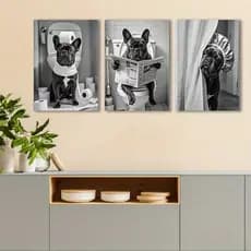 Kit 3 Quadros Bulldog Francês Banheiro Engraçado Autocolante Decoração Lavabo Cachorro no Banho