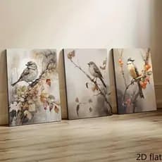 Kit 3 Quadros Pássaros Aquarela Natureza Decoração Sala Quarto Luxo Passarinhos Galhos Outono
