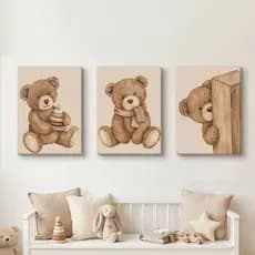 Quadros Quarto de Bebê Ursinho Cachecol Boho Kit 3 Peças