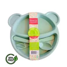 PRATO INFANTIL URSO COM DIVISÓRIAS E TALHERES PLÁSTICO ORGÂNICO ECOLÓGICO PARA CRIANÇA VERDE