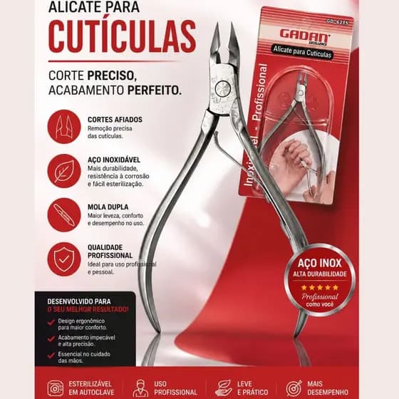 Alicate de Cutícula Profissional Gadan Inox GD-6215 Corte Preciso Manicure Premium