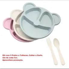 kit Prato infantil urso com Divisórias e talheres para bebê