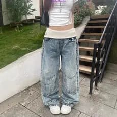 Calças jeans femininas de cintura canelada com design retrô americano, versáteis para primavera e verão, lavagem desgast