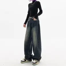 Calças Jeans Femininas de Cintura Alta Y2K, Slim e Retas, Soltas, Estilo Retro, Calças de Perna Larga R5096