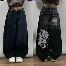 2025 Novos Jeans Largos com Bordado de Caveira Retro Americano para Homens e Mulheres Y2K Harajuku Hip-hop Gótico Calças