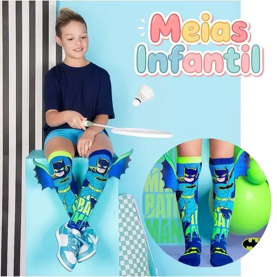 Meias Batman Infantil Cano Alto 3D Personagem Superman Maluca Meias Divertida