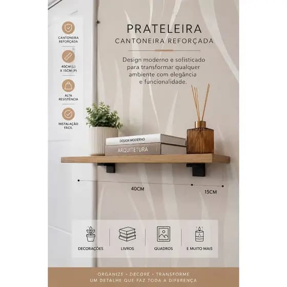 Prateleira 40x15cm com Cantoneira L– Para Livros, Plantas Decoração e enfeites Sala,banheiro,escritorio,quarto