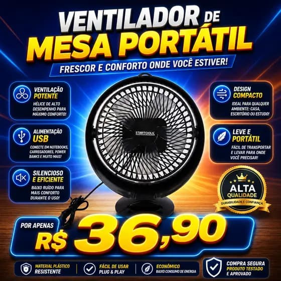 Ventilador Mesa Portátil Refresca Alivia Calor Escritório Casa Viagem USB Compacto Silencioso