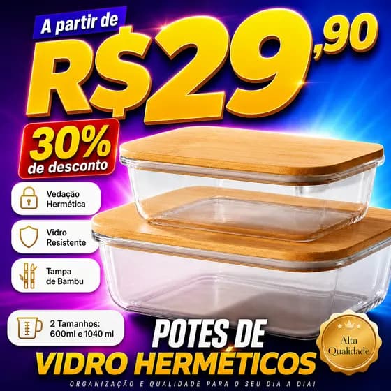 Pote Vidro Hermético Tampa Bambu 600 e 1040 ml Organizador Marmita Kit