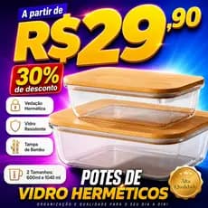 Pote Vidro Hermético Tampa Bambu 600 e 1040 ml Organizador Marmita Kit