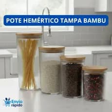 Pote Hermético Vidro Borossilicato Listrado Tampa Bambu Porta Mantimentos Canelado Organizador