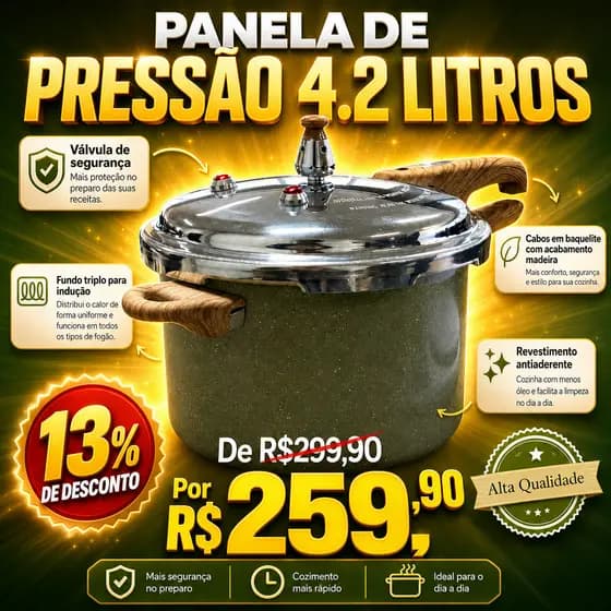 Panela de Pressão Indução 4,2 L Cinza Antiaderente Fechamento Externo Max Chef Wood Cozinha