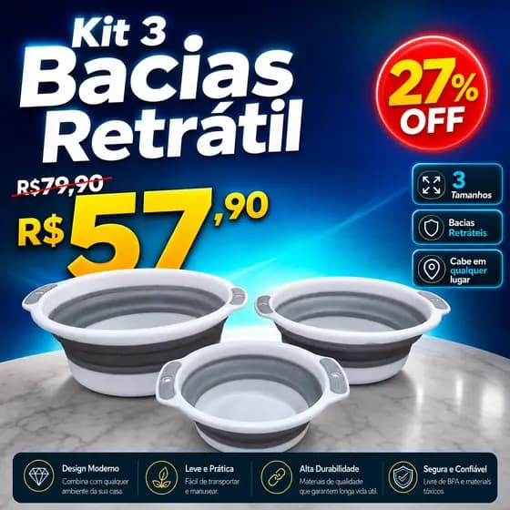kit 3 Bacias Retrátil Dobrável Multiuso Lavanderia Cozinha Limpeza Organização da Casa