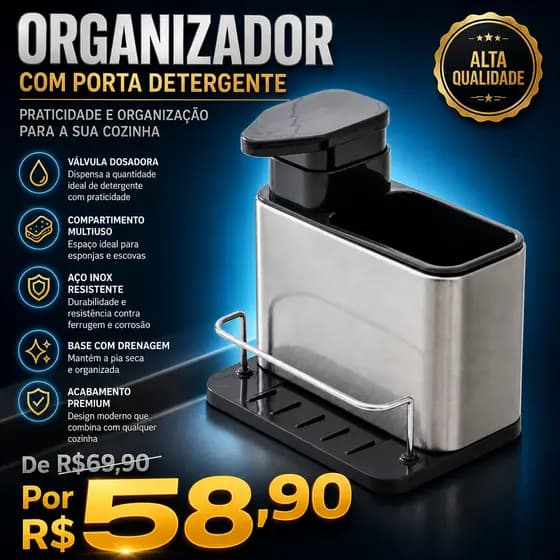 Porta Detergente Esponja de Cozinha Inox Dispenser Sabão Liquido Suporte para Bucha Organizador Pia