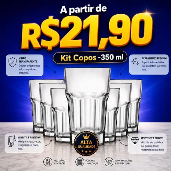 Kit Copos de Vidro 350 ml Transparente Resistente Suco Água Refrigerante Jogo Copo Alto