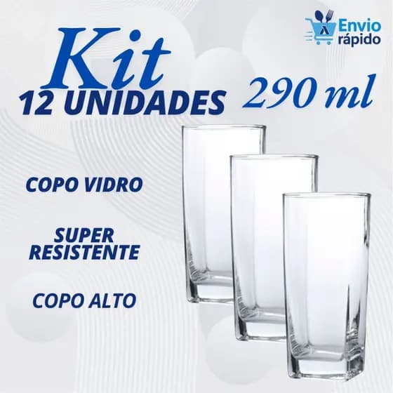 Kit 6/ 12 Copos de Vidro Quadrado 290 ml Transparente Texas Resistente Água Suco Refrigerante Copo