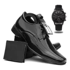 Kit Sapato Social Masculino De Amarrar Em Verniz Preto Homem Moderno Com Cinto Carteira E Relógio de Ponteiro