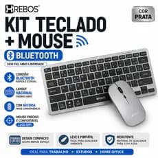 Kit Teclado e Mouse Sem Fio Bluetooth Prata com Bateria e Layout Nacional