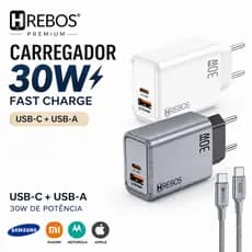 Carregador Turbo 30W PD USB-C + USB-A com Cabo USB-C 1m Bivolt Homologado Anatel