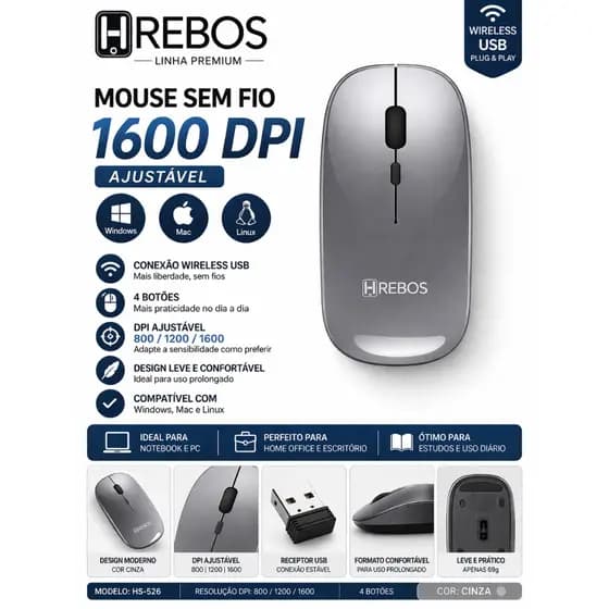 Mouse Sem Fio Wireless USB 1600 DPI Cinza 4 Botões Para Notebook PC Recarregável