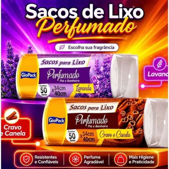 Saco Lixo Perfumado Lavanda e Cravo com Canela 50 Unidades Rolo Banheiro Pia Odor Neutraliza