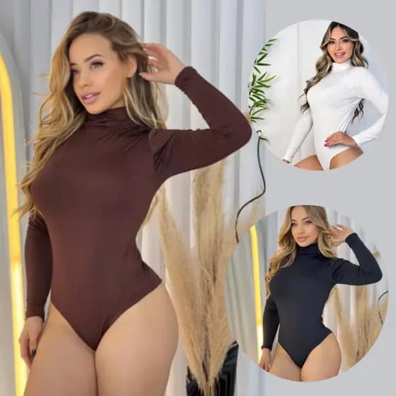 Kit Body Feminino Suplex Premium 3 Peças Manga Longa Gola Alta Moda Blogueira