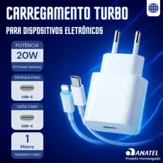Carregador + Cabo Homologado p/ iPhone 8 ao 14 Pro Max 20W USB-C