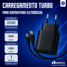 Carregador Homologado p/Samsung Preto 20W USB-C Rápido