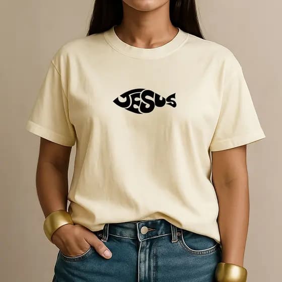 Camiseta Cristã Feminina 100% Algodão Jesus Peixe Camisa Estilosa Fashion Casual para o Dia a Dia