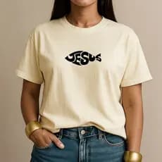 Camiseta Cristã Feminina 100% Algodão Jesus Peixe Camisa Estilosa Fashion Casual para o Dia a Dia