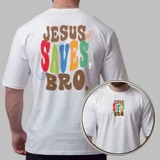 Camiseta Masculina 100% Algodão Camisa Oversized Cristã Jesus Saves Bro Colorida Casual Dia a Dia