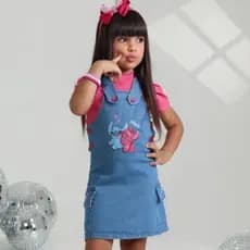Conjunto Infantil Menina Stitch Bordado Salopete + Blusinha 2 a 8 Anos