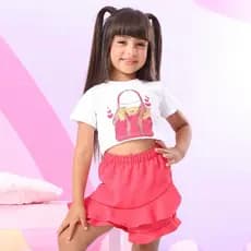 Conjunto Infantil Feminino Cropped Estampado + Short Saia Babado Roupa Menina Moda Promoção