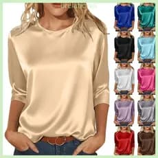 R Blusas Femininas Cetim Seda 3 4 Mangas Camisa Casual Negócios Elegantes Para Trabalho E Escritório