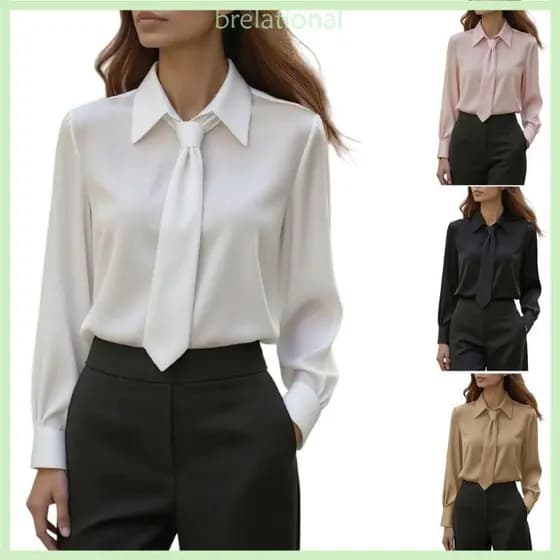 R Blusa Feminina Decote Gravata, Casual Trabalho E Comprida