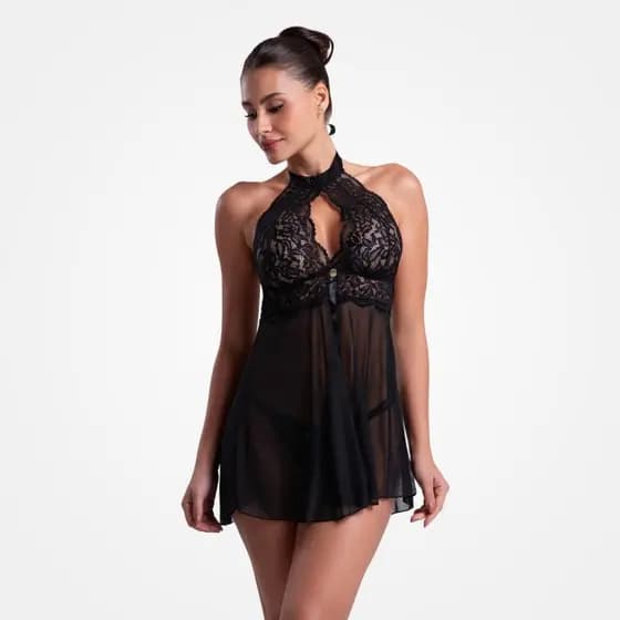 Camisola em Renda Tule Transparente com Calcinha Sensual e Confortável em Poliamida Yara