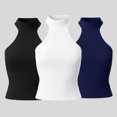 Kit 3 Blusas Básicas Femininas Gola Alta Halter Costas Nuas | Versátil e Casual