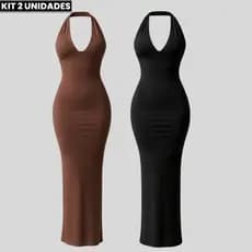Kit 2 Vestido Feminino Longo Frente Única Suplex Premium Costas Nua Elegante Modelador