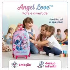 Mala Infantil Angel Love™ 3D Rodinhas Stitch Mochila Escolar Viagem Resistente Multicolorida 3 rodinhas