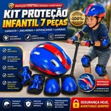 Kit Protecao Infantil 7 Pecas Capacete Conforto Seguro Azul Vermelho