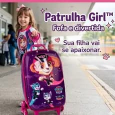 Mala Infantil Patrulha Girl™ 3D- 3 Rodinhas Bagagem Escolar Viagem Roxa Fácil Transporte Resistente- Sobe escadas