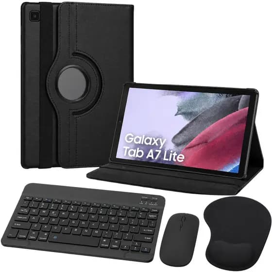 Kit para Samsung Galaxy Tab A7 Lite T220/T225 8.7 Capa Giratória + Teclado e Mouse Slim Sem Fio + Mouse Pad