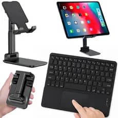 Kit Teclado Bluetooth Recarregável com Touchpad Integrado + Suporte Articulado Universal para Tablet e Smartfone