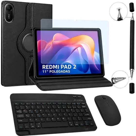 Kit para Tablet Xiaomi Pad 2 Capa Giratória 360° + Teclado e Mouse Slim Sem Fio + Película de Vidro + Caneta Touch