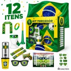 Kit Torcedor Brasil 12 Peças Copa 2026 Completo Bandeira Trompete Óculos Acessórios Festa Futebol