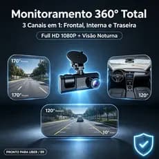 Câmera Veicular Dash Cam 3 Lentes Full HD 1080P 360 Graus Grava Frente Interno e Ré - Monitoramento 24h Uber Taxi